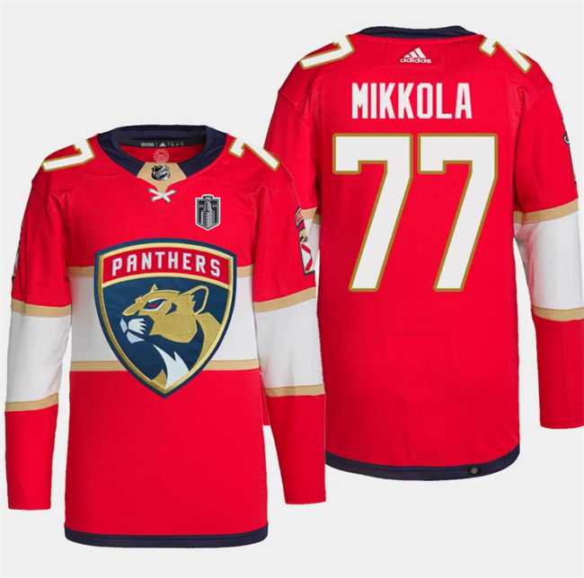 Mens Florida Panthers #77 Niko Mikkola Red 2024 Stanley Cup Final Patch Stitched Jersey Dzhi->->NHL Jersey